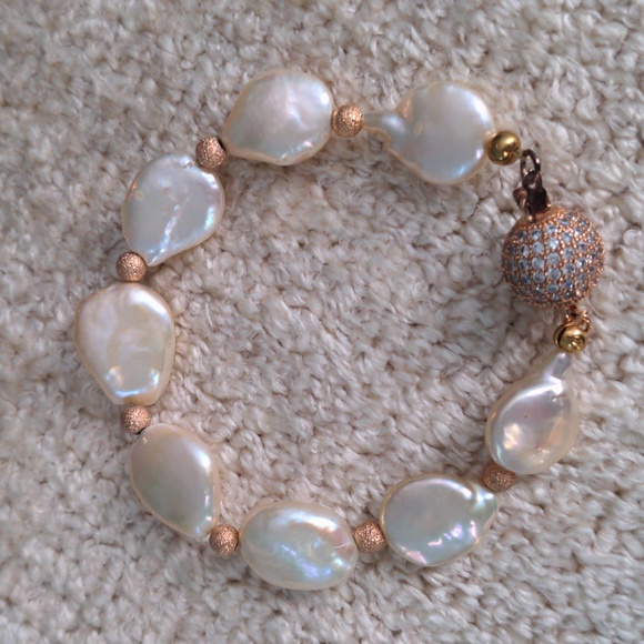 Lustrous Baroque Pearl& Rose Gold Bead Bracelet, Crystal Ball Clasp, 7", New - Picture 5 of 10